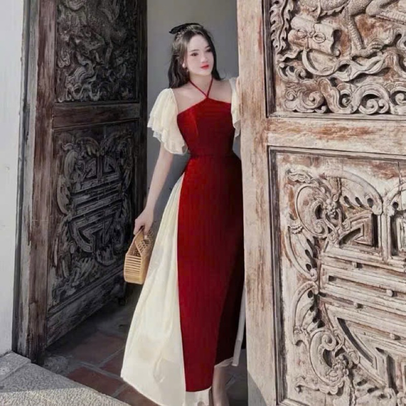 [FULL SET] Áo dài tuyết nhung tay voan kèm quần 4Seasons