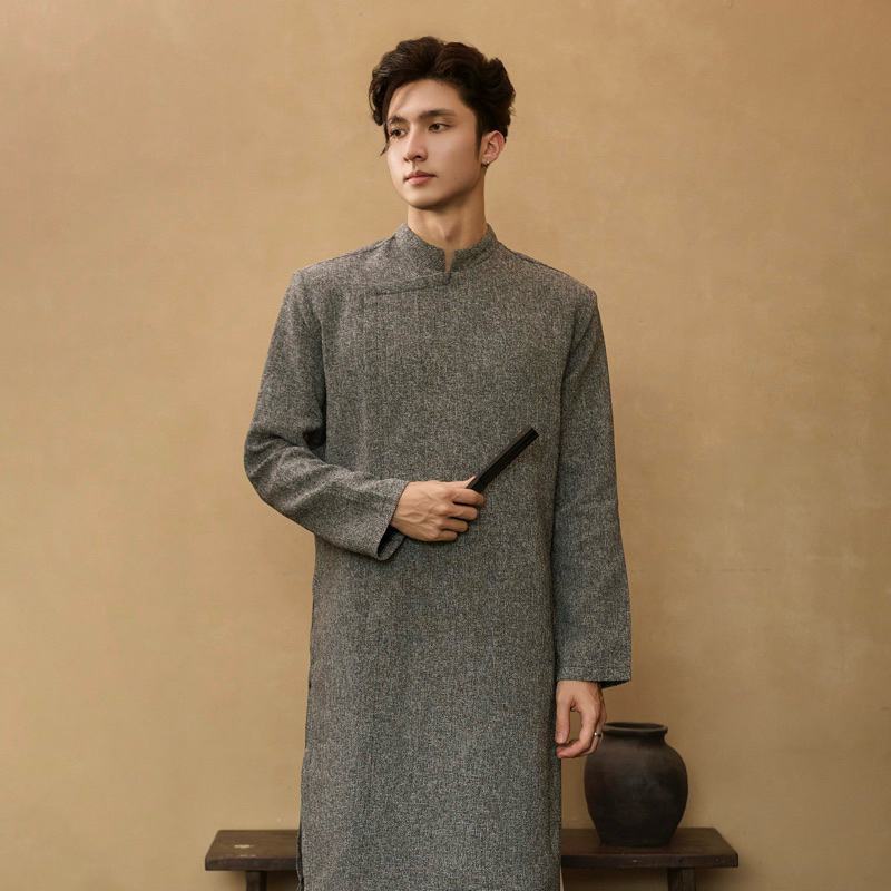Áo dài nam Dạ Tweed có cầu vai, cúc bấm ẩn có BIGSIZE 105kg [KHÔNG KÈM QUẦN]