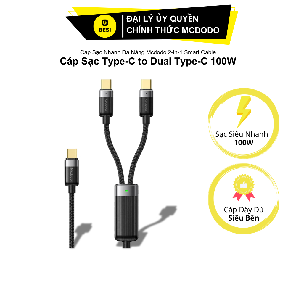 Cáp Sạc Mcdodo 2 trong 1 100W Type-C to Dual Type-C | Sạc Thông Minh Cho Laptop & Điện Thoại