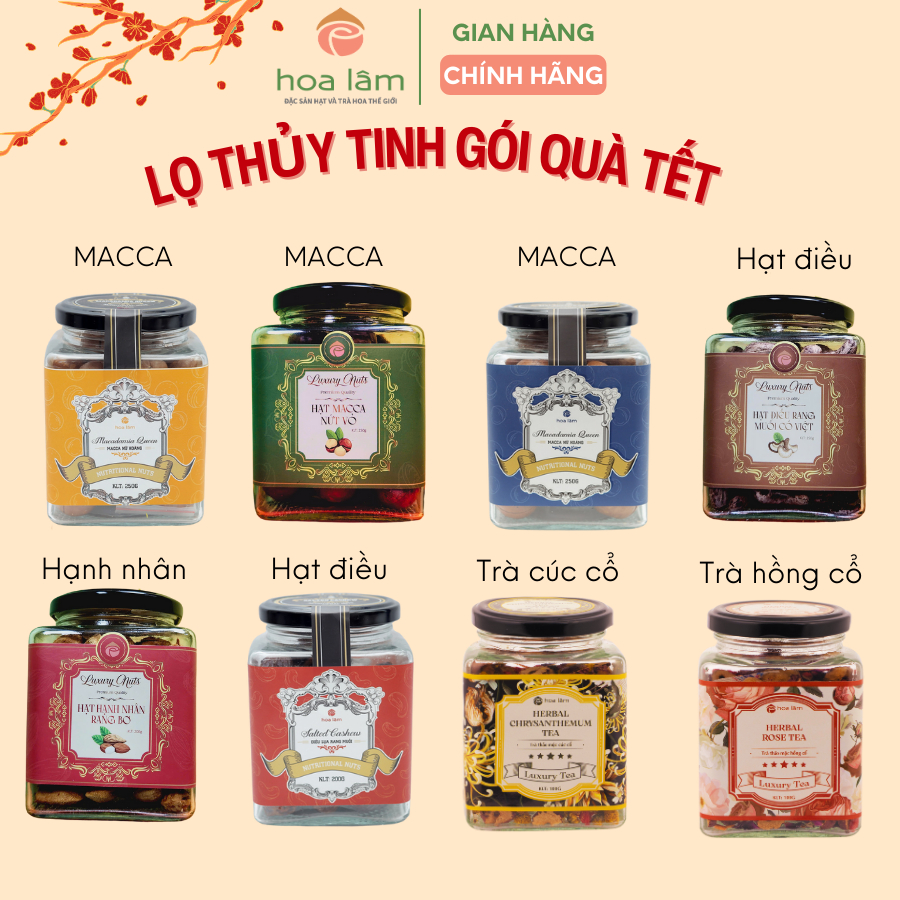 Lọ thủy tinh gói quà Tết Hạt điều rang hạt macca nho khô hạt hạnh nhân trà hoa cúc trà hoa hồng Tết 