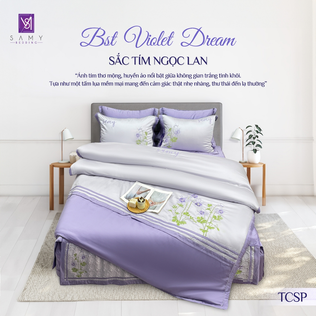 Bộ Chăn Ga Lụa Thêu SAMY BEDDING Sắc Tím Sang Trọng Tencel Coolsilk Pro