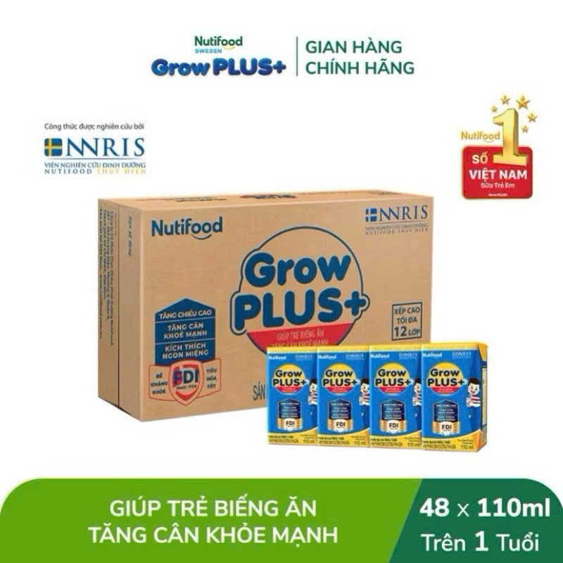 Thùng sữa bột pha sẵn Nutifood Grow Plus xanh giúp trẻ tăng cân khoẻ mạnh (48hộp)