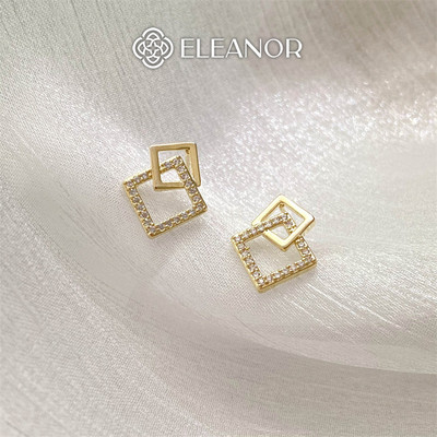 Bông tai nữ chuôi bạc 925 Eleanor Accessories hình vuông đính đá phụ kiện trang sức khuyên tai 9288