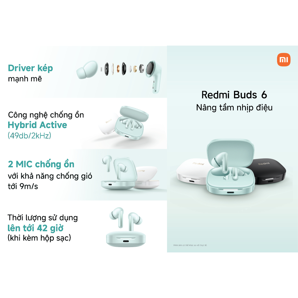 Tai nghe Bluetooth Redmi Buds 6 | Driver kép mạnh mẽ | Tổng thời lượng 42H | Công nghệ chống ồn, nghe gọi rõ | BigBuy360 - bigbuy360.vn