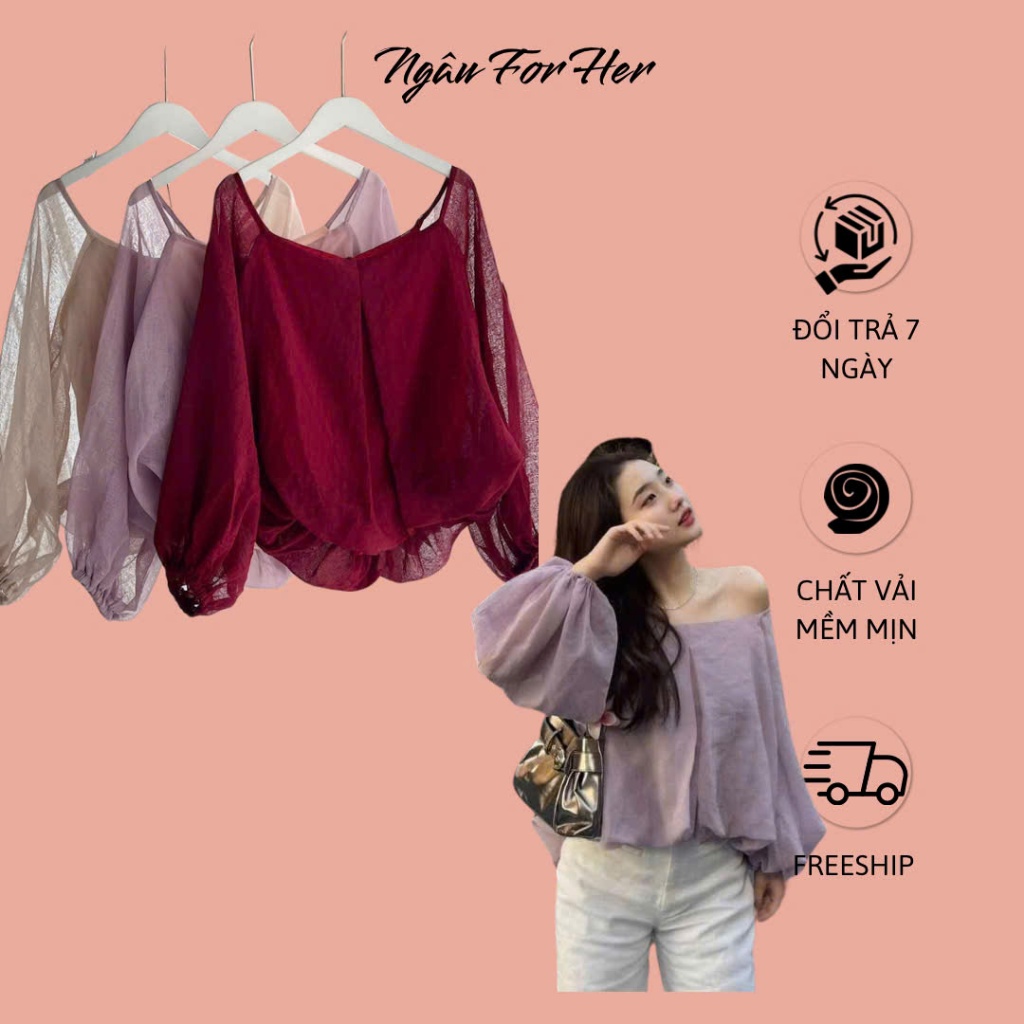ANNA TOP- Áo Tơ Trễ Vai Tay Dài, Áo Trễ Vai Tiểu Thư Ngâu For Her