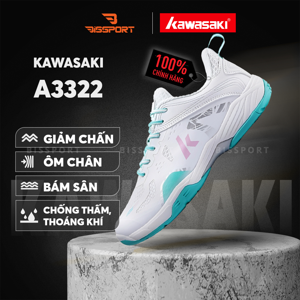 Giày Cầu Lông Kawasaki A3322 Trắng Xanh Ngọc Chính Hãng - Thoáng Khí, Chống Thấm, Chống Trơn Trượt T