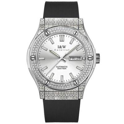 Đồng hồ nam chính hãng I&W Carnival 55851G3-S1 Viền đá đẹp, Kính sapphire,chống nước 50m,máy cơ Automatic,dây cao su