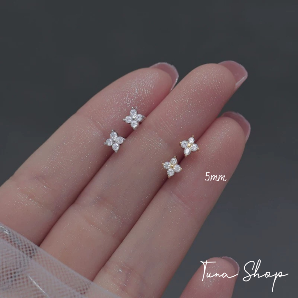 Khuyên tai bạc đính đá cỏ bốn lá TUNA SILVER, Hoa tai Bạc cỏ 4 lá may mắn gắn đá nhỏ xinh, Bông tai bạc nữ hoa đá 4 cánh