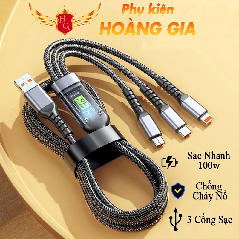 Dây Cáp Sạc Nhanh 3 Đầu 100W bọc dù Dài 1m2 Hỗ Trợ Sạc Nhanh 3 Trong 1 dây Chống Đứt, Chống Rối