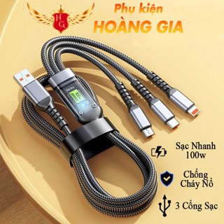 Dây Cáp Sạc Nhanh 3 Đầu 100W bọc dù Dài 1m2 Hỗ Trợ Sạc Nhanh 3 Trong 1 dây Chống Đứt, Chống Rối