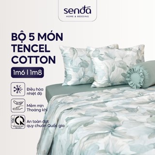 Bộ chăn ga gối 5 món Lụa Tencel Cotton Sen Đá Home Bedding cao cấp họa tiết, Set giường nệm 1m6 1m8