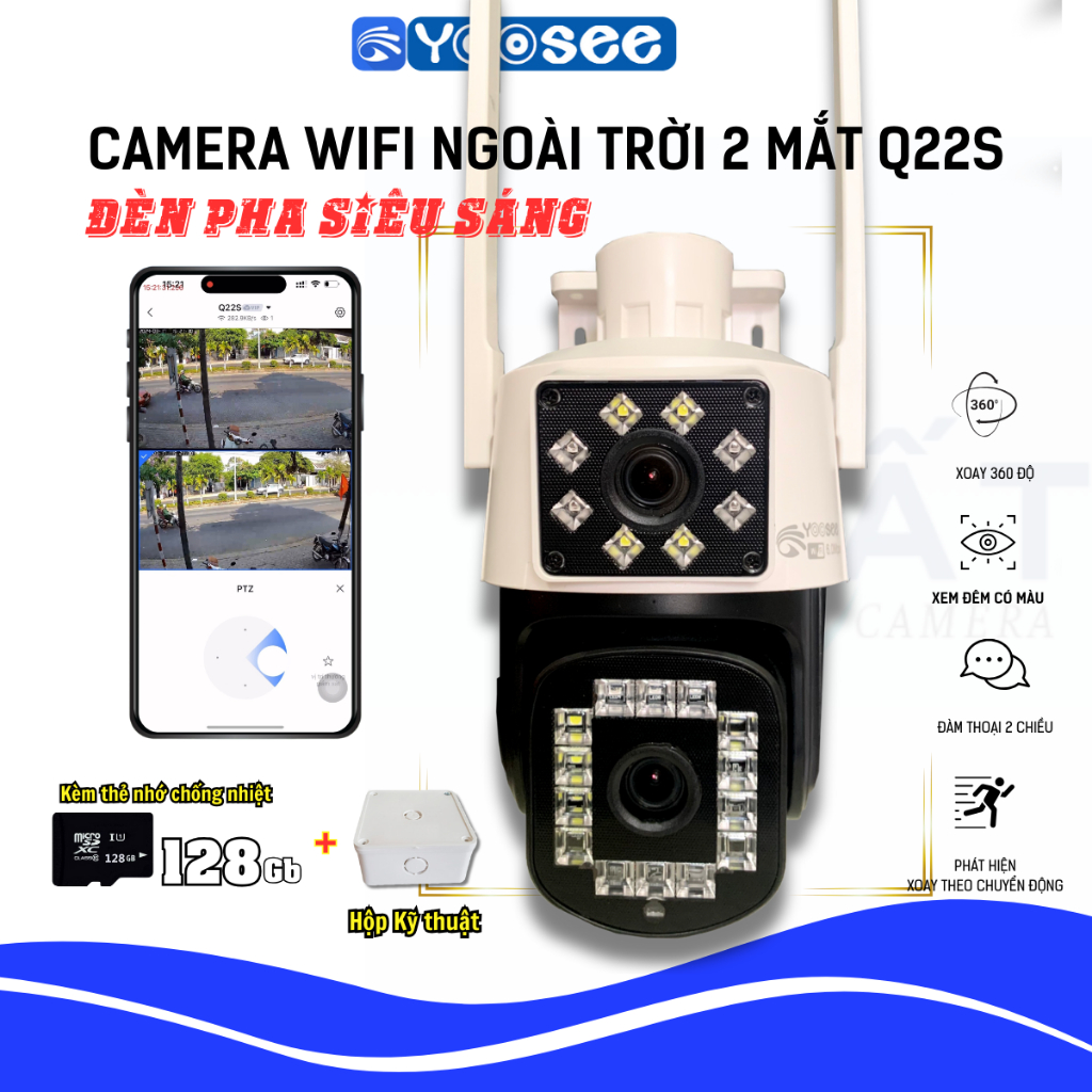 Camera Yoosee 2 mắt ngoài trời ĐÈN PHA Q22S-tiết kiệm điện-CHỐNG NƯỚC-kèm thẻ đến 128GB