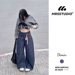 Quần jean ống rộng khóa dây MRS họa tiết da báo 2025 tôn dáng MRQ145G