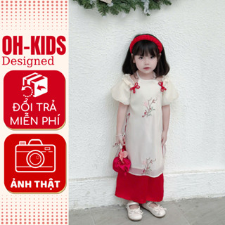 Áo dài cho bé gái cổ yếm đính nơ đỏ kem áo dài cách tân size từ 8-32kg quà tặng Tết OH KIDS OH22
