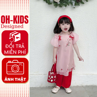  Áo dài cho bé gái cổ yếm đính nơ hồng nhạt áo dài cách tân size từ 8-32kg quà tặng Tết OH KIDS OH22 