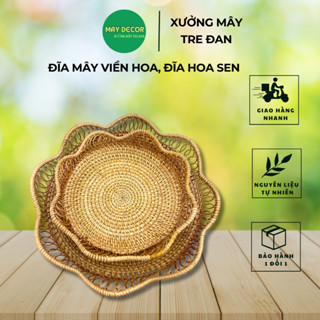 (Có chân) Đĩa mây viền hoa, đĩa hoa sen đựng hoa quả, bánh kẹo, giỏ mây decor chụp hình, trang trí