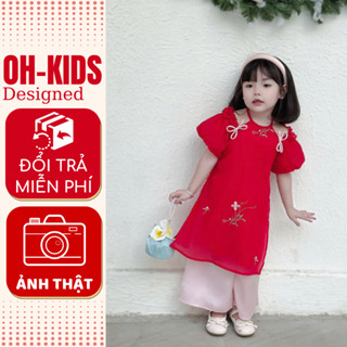 Áo dài cho bé gái cổ yếm đính nơ đỏ áo dài cách tân size từ 8-32kg quà tặng Tết OH KIDS OH22