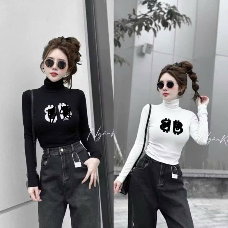 ÁO THUN CROPTOP CỔ LỌ TAY DÀI  IN HAI CHỮ B B BOONG STORE CLB52
