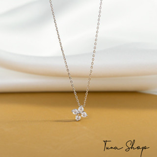 Dây chuyền Bạc cỏ 4 lá gắn đá hoa nhí nhỏ cao cấp, Vòng cổ Bạc nữ cỏ bốn lá may mắn, TUNA SILVER cam kết chuẩn bạc thật