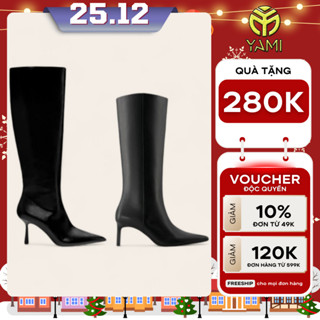 Boot Ống Gót Nhọn, Bốt Nữ Đến Đầu Gối Mũi Nhọn Cao Gót 7 Phân Màu Đen, Boot Dài Cổ Cao Ôm Chân, Bốt Nữ Xuất Xịn - YAMI