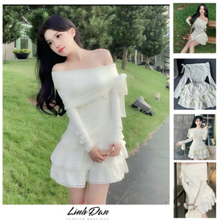 Set 2 Món Áo Len tăm Trễ Vai Thắt Nơ + Chân Váy Xoè Nhiều Lớp Phong Cách Hàn Quốc Linh Đan Shop