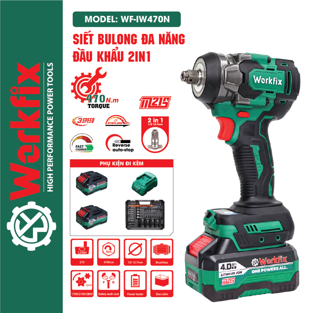 Máy bắn bulong, Máy siết bulong Workfix-IW470N Màu Xanh, Lực Siết 470Nm, Tặng Kèm 25 món phụ kiện