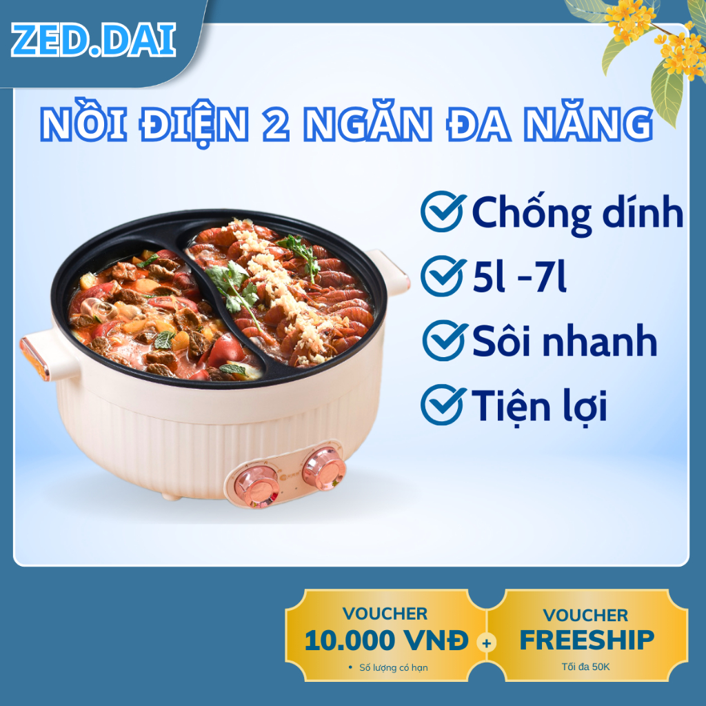 Nồi Điện 2 Ngăn [CHỐNG DÍNH] dung tích 5L có thể chiên, xào, nấu, nồi điện 2 ngăn, nồi lẩu đa năng
