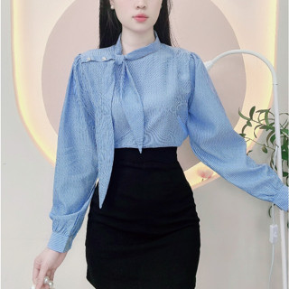 Áo sơ mi nữ thiết kế cổ nơ lệch cách điệu sọc cotton mềm mại kiểu dáng trẻ trung sang trọng sơ mi nữ đi tiệc- B1373