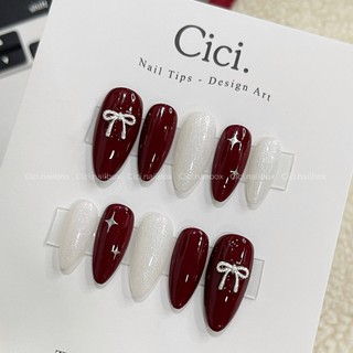  Móng tay giả thiết kế tone đỏ nail tết tôn da C237 form tròn nhọn by Cici.nailbox 