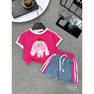 [Poba.76] set bộ cho bé gái. Áo cotton hình baby three, quần short jeans mài rách chạy viền