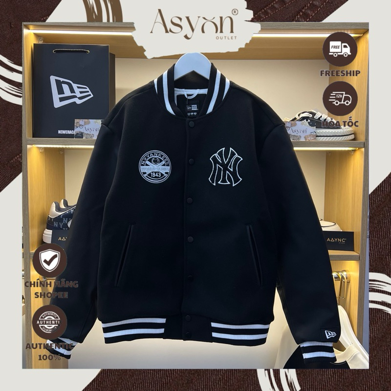(Auth) Áo Khoác Varsity Bomber Nỉ New Era x MLB NY New York 1943 Tay Da Lót Bông Thêu Xù Đen CODE 14