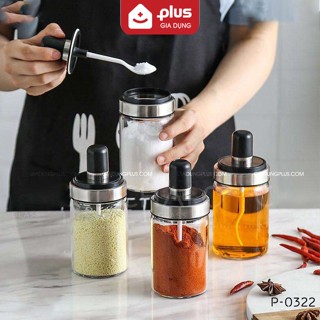 Lọ đựng gia vị thuỷ tinh borosilicate muỗng liền nắp thông minh có viền inox 304 (220ml & 350ml) PHALEDO P0322