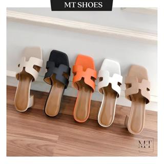 Dép cao gót guốc bản H mũi vuông gót vân gỗ cao 5 phân chất mềm đi êm tôn chân MT Shoes