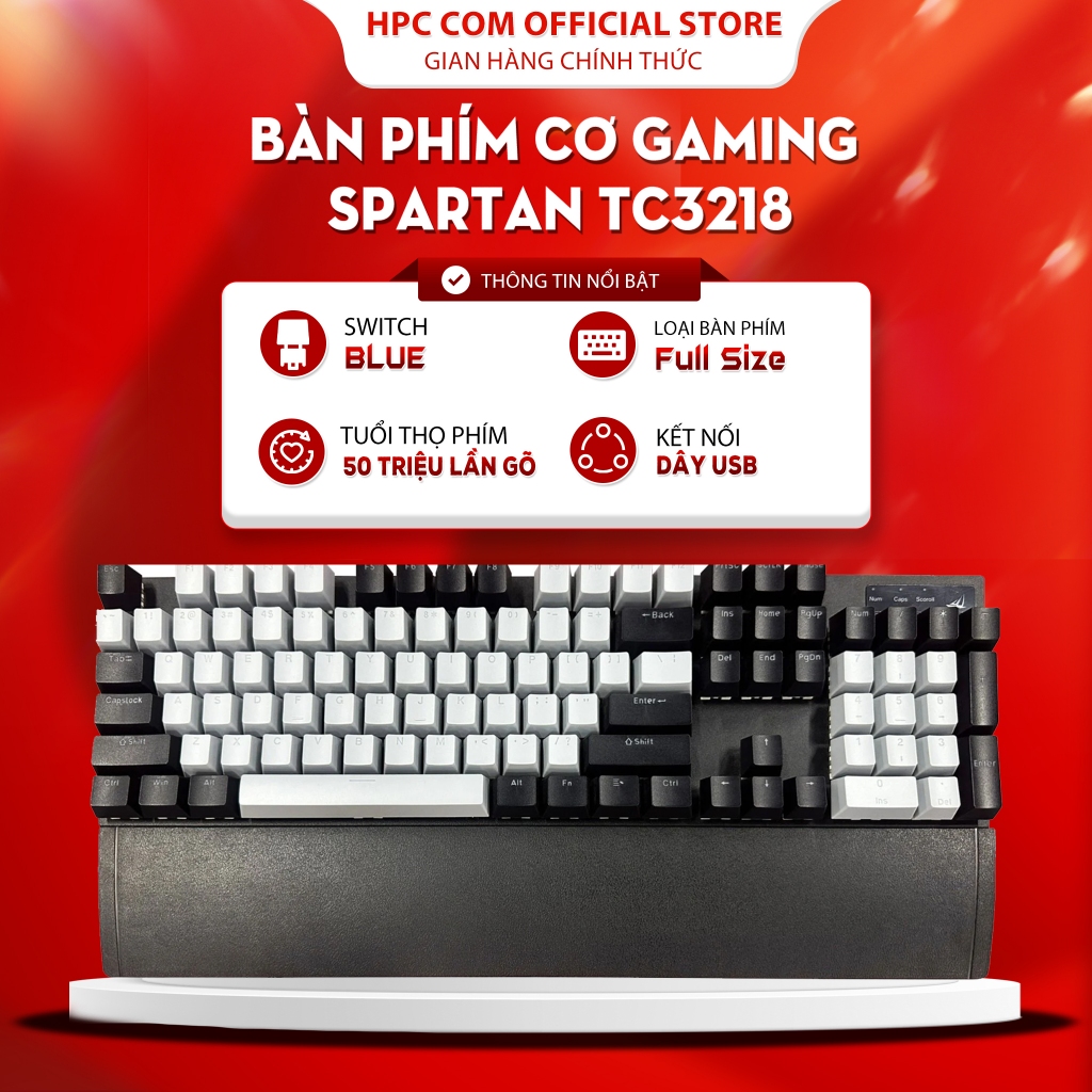 Bàn phím cơ Gaming SPARTAN TC3218 Black Gray (Blue Switch LED Rainbow) có kê tay - Hàng chính hãng