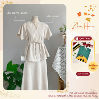 Áo Sơ Mi Linen Nữ Công Sở Form Rộng Cổ Tàu Tay Ngắn + Set Chân Váy Linen AK04