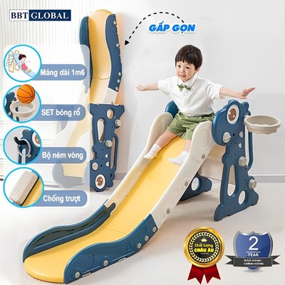 Cầu trượt khủng long BBT Global máng dài gấp gọn có ném vòng và bóng rổ CT200