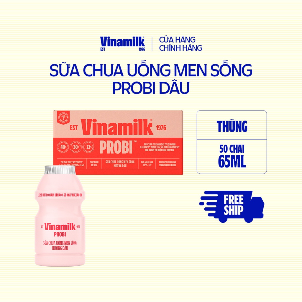 [CHỈ GIAO HCM+HN] Thùng Sữa chua uống Probi Hương Dâu chai 65ml - 50 chai/Thùng Yogurt