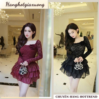  Váy nữ ren dài tay cổ trễ vai đính nơ nổi siêu xinh đầm nữ dáng ngắn chân váy xếp ly xòe tầng siêu tôn dáng HCOM3744 