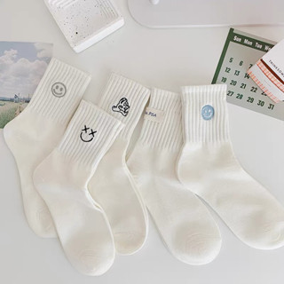 Set 5 Đôi Tất Nữ Cổ Cao Cotton Tông Trắng Mặt Cười Xanh Hình Cute Phong Cách Hàn Quốc tt54