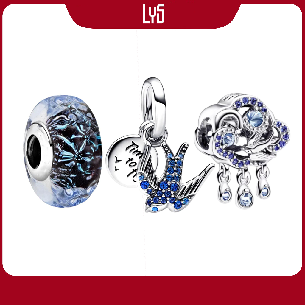 Charm bạc S925 đính đá xanh lấp lánh phong cách Vintage