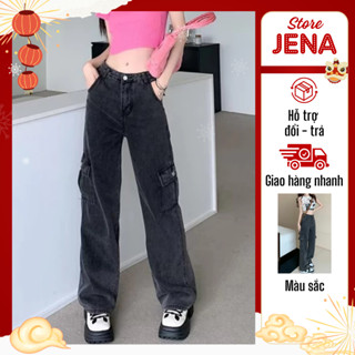 Quần Jean Túi Hộp Nữ Ống Suông Jena Quần Lưng Cao Phong Cách HIPHOP Dáng Dài Quần 6 Túi H01