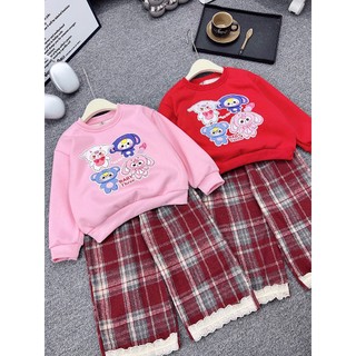   Poba.78  set nỉ lông baby three cho bé gái lót lông nhung mềm mịn ấm áp quần dạ kẻ đẹp 