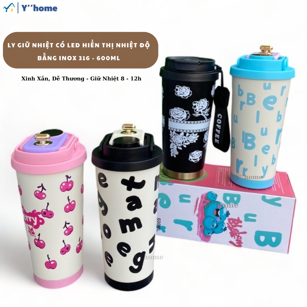 Ly giữ nhiệt hiển thị nhiệt độ, bằng Inox 316, dung tích 600ml, Ly nước in hình xinh xắn có quay xách, Giữ nhiệt 8 -12h | BigBuy360 - bigbuy360.vn