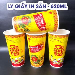 COMBO 200 Cái ly giấy TẾT 2025 thể tích 620ml, cốc giấy cao cấp in sẵn họa tiết TẾT 2025, 2PE chống thấm: Size 22oz - M3