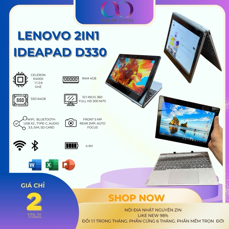 Laptop 2in1 window Lenovo D330 Windows 10 Office pin trâu 11 tiếng ngang NEC có 4G
