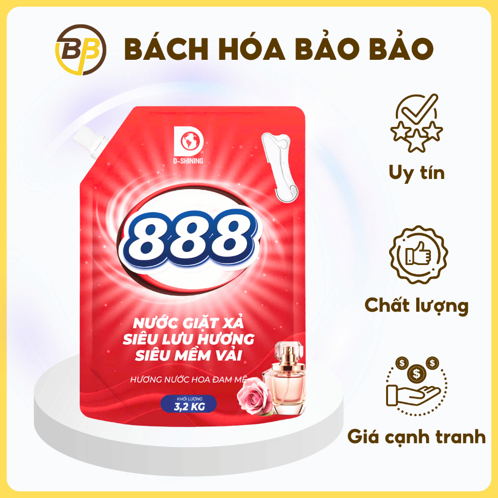 NƯỚC GIẶT XẢ 888 HƯƠNG NƯỚC HOA ĐAM MÊ TÚI 3.2KG / THÙNG 4 TÚI