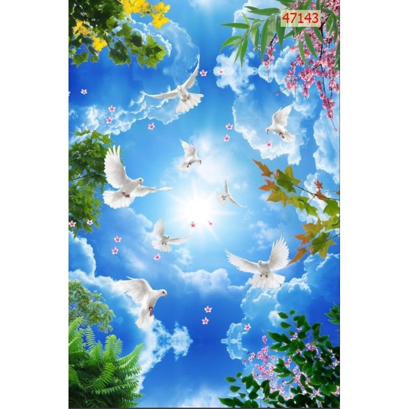 Tranh 3D dán tường trang trí trần nhà in vải lụa Decor Phòng Tranh Treo Tường