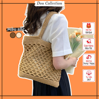  Túi cói đi biển to xách tay đan lưới có lớp lót vải mềm dễ gấp gọn vintage thời trang mùa hè màu nâu be - Mã TC010 