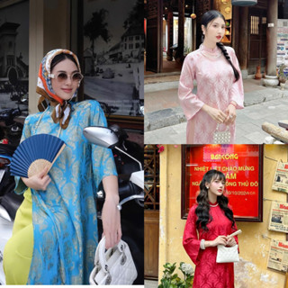 Áo Dài Gấm Thọ Dơi cách tân dáng suông cổ cao tay loe dễ mặc che khuyết điểm sang chảnh- Áo Dài Khánh Huyền