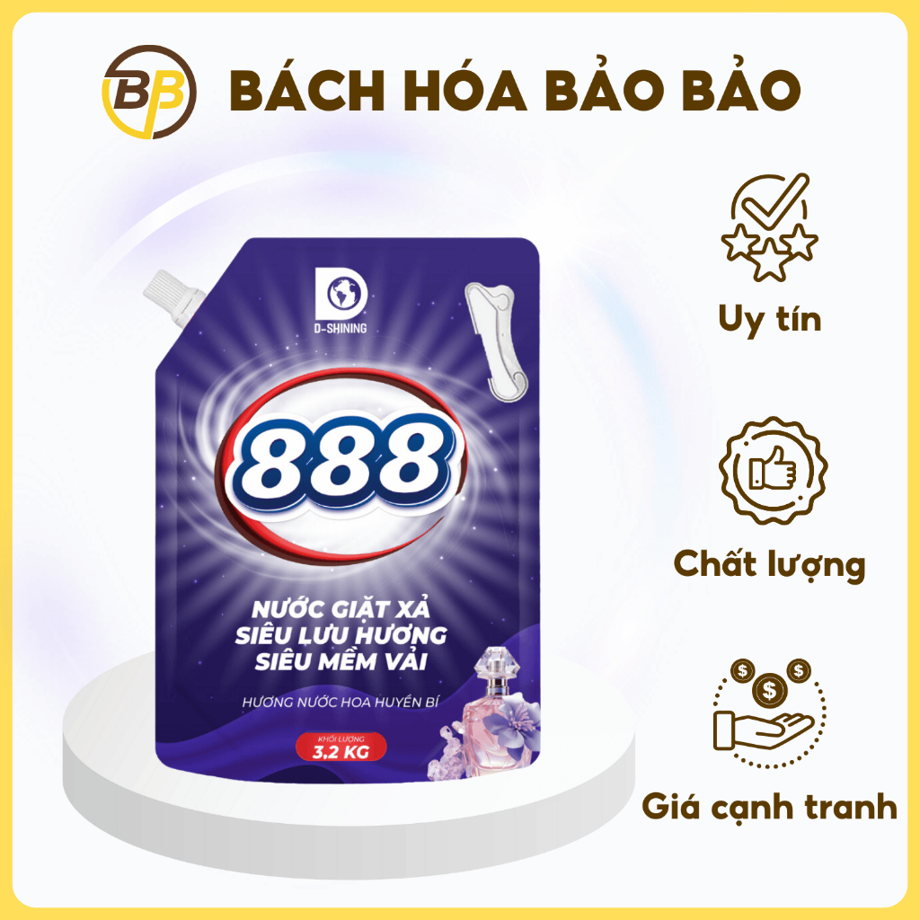 NƯỚC GIẶT XẢ 888 HƯƠNG NƯỚC HOA HUYỀN BÍ TÚI 3.2KG / THÙNG 4 TÚI